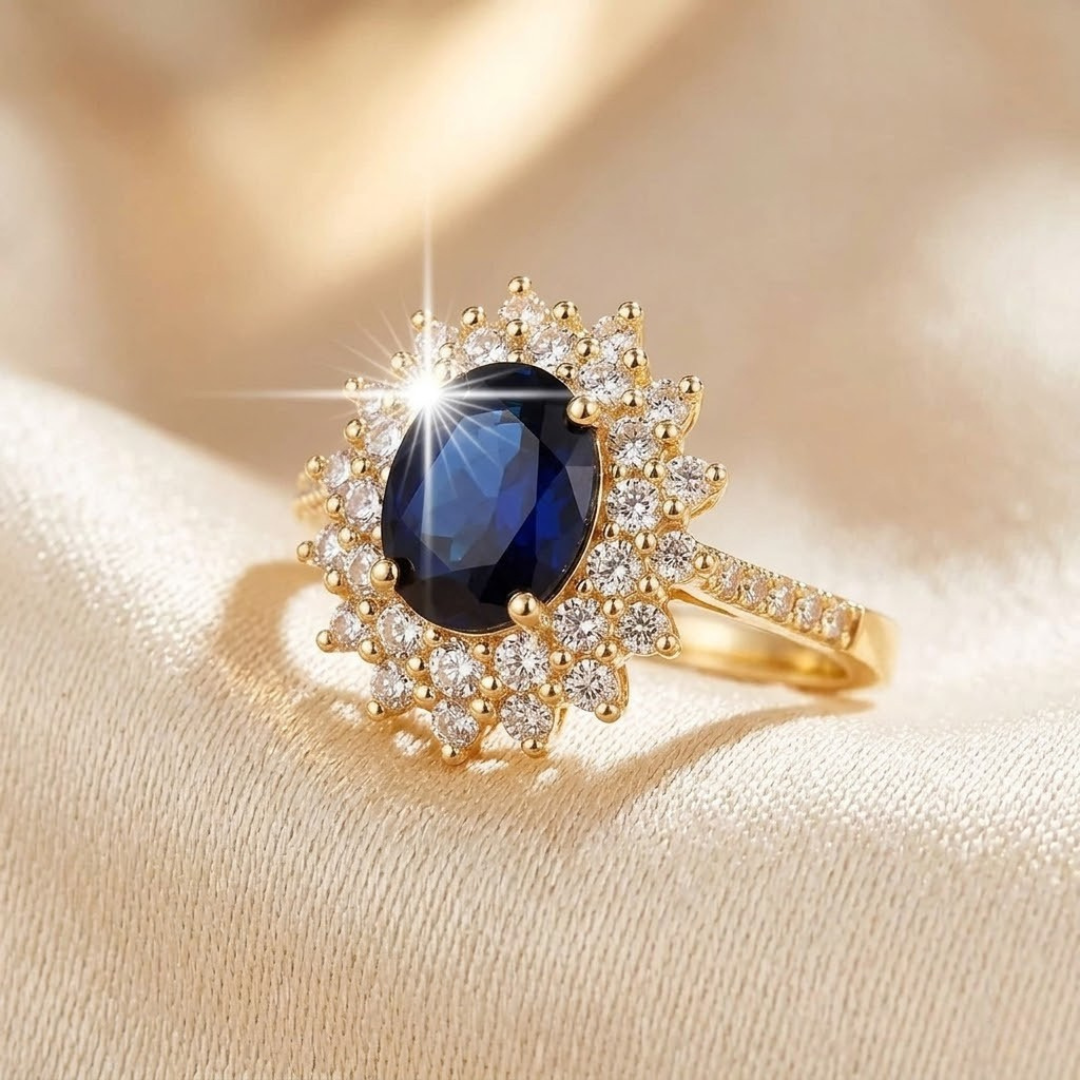 Gullring med safir og halo