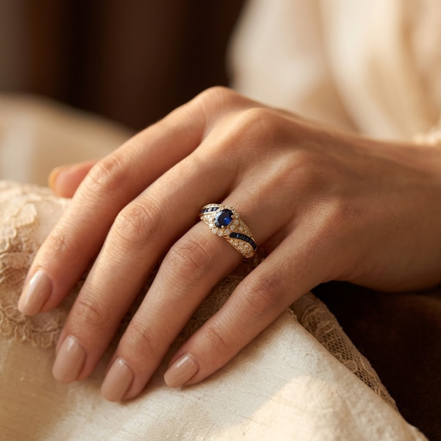Båndring i gull med safir