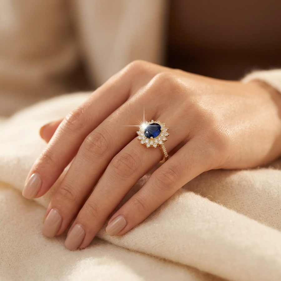 Gullring med safir og halo