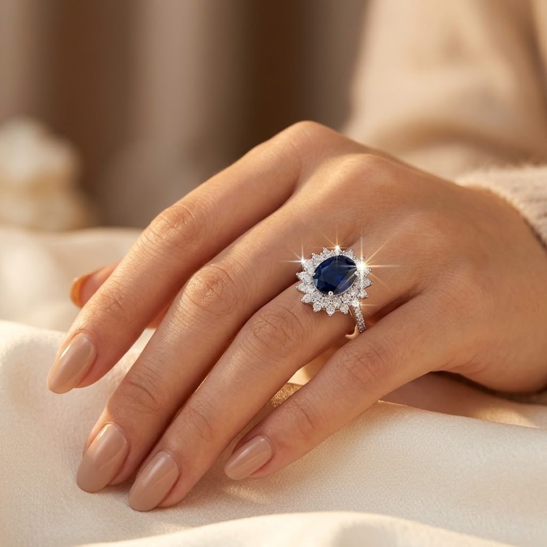 Gullring med safir og halo