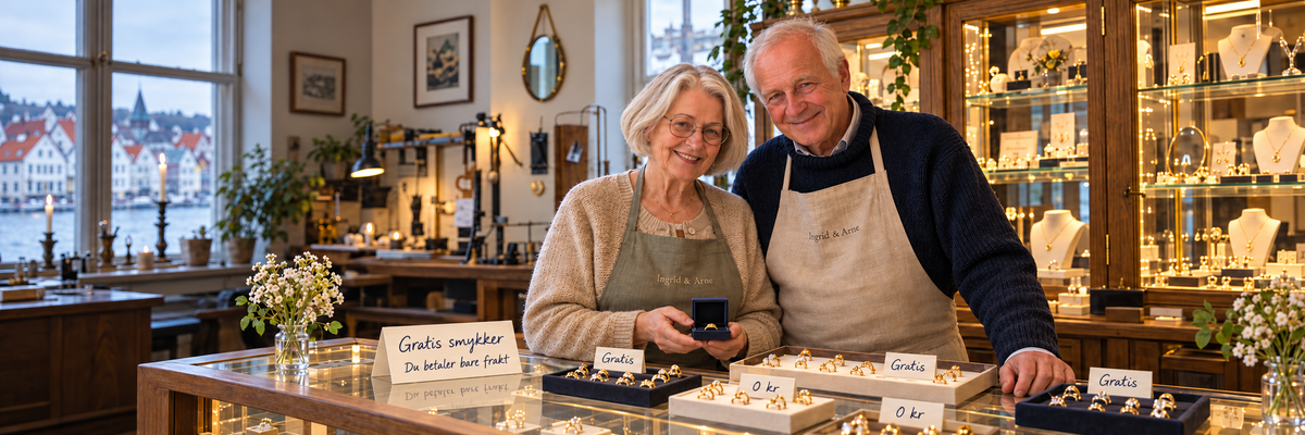 Ingrid og Arne i butikken med små håndskrevne kort: Gratis smykker, du betaler bare frakt.