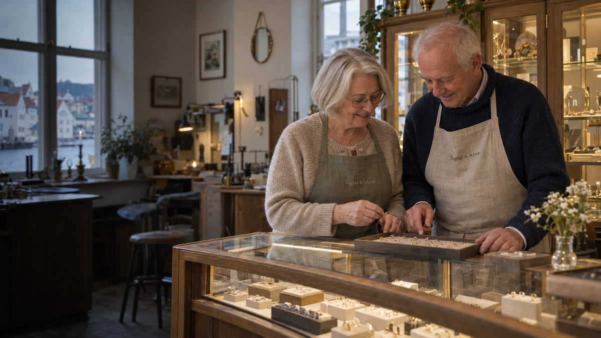 Ingrid og Arne velger smykker i butikken